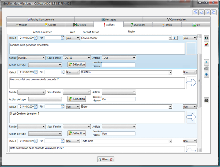 Gestion des missions / Les actions